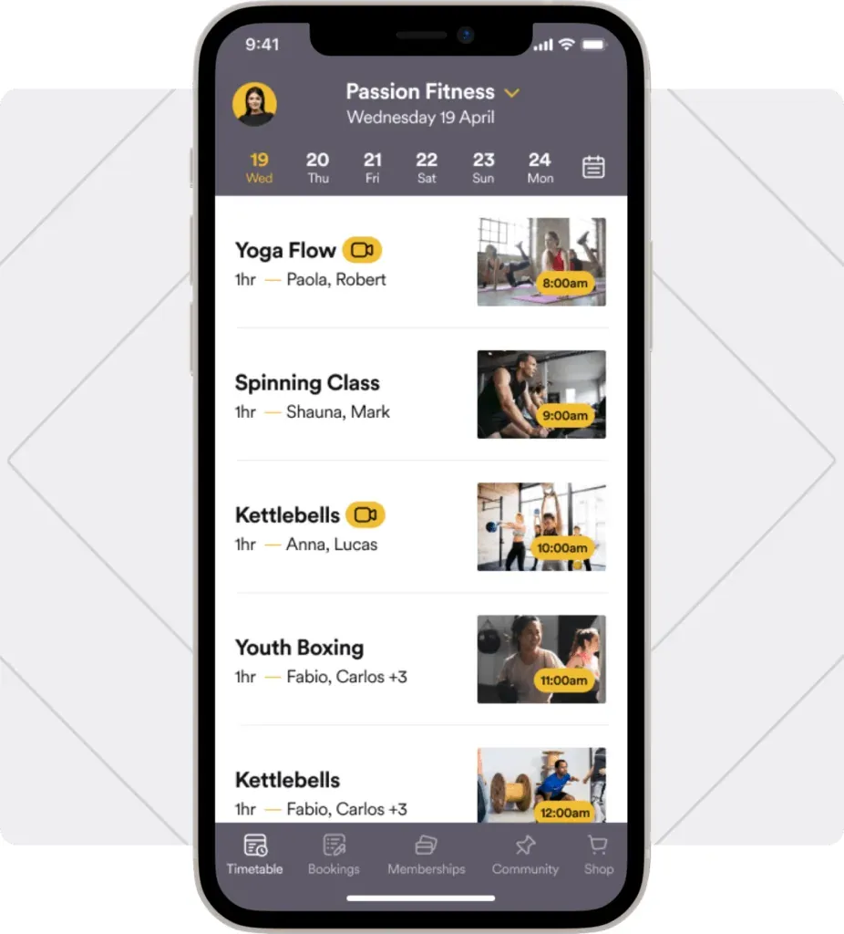 A phone showing a gym timetable with classes to book