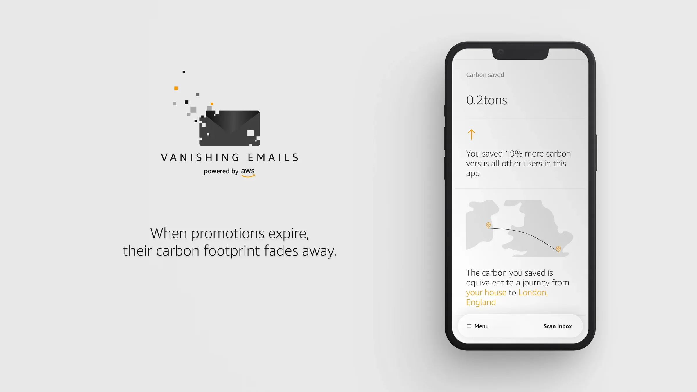 Vanishing Emails branding beside a phone showing the carbon a user has saved