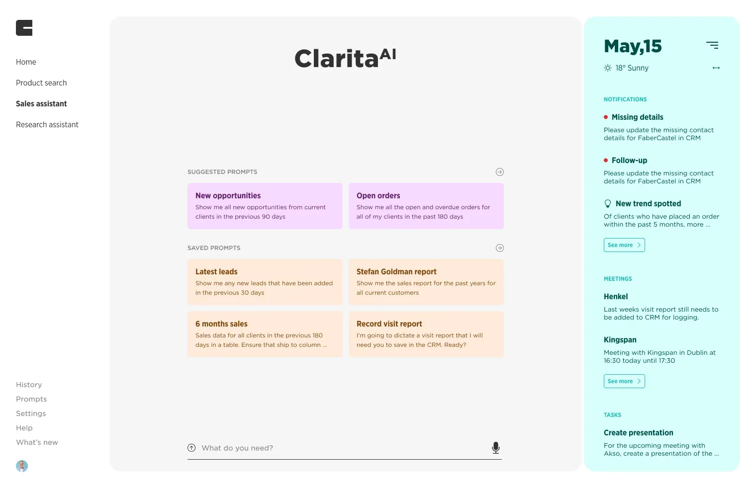 The ClaritaAI sales assistant home, with suggested and saved prompts beside a panel of notifications, meetings and tasks