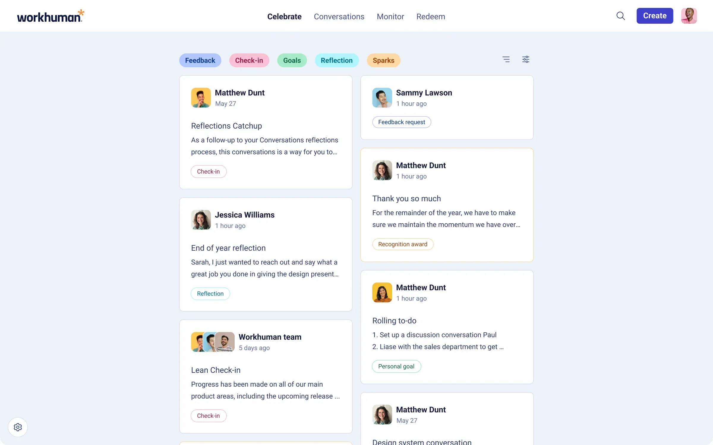 The Conversations dashboard, showing feedback, check-ins, goals and reflections in a masonry grid