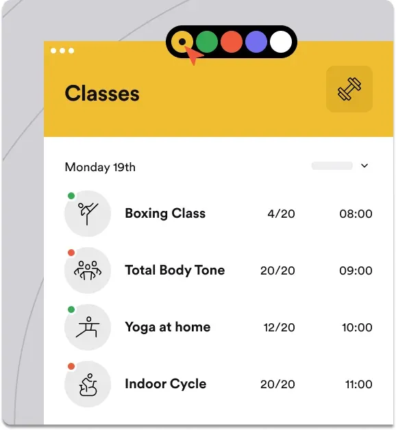 A list of classes with places taken and start times