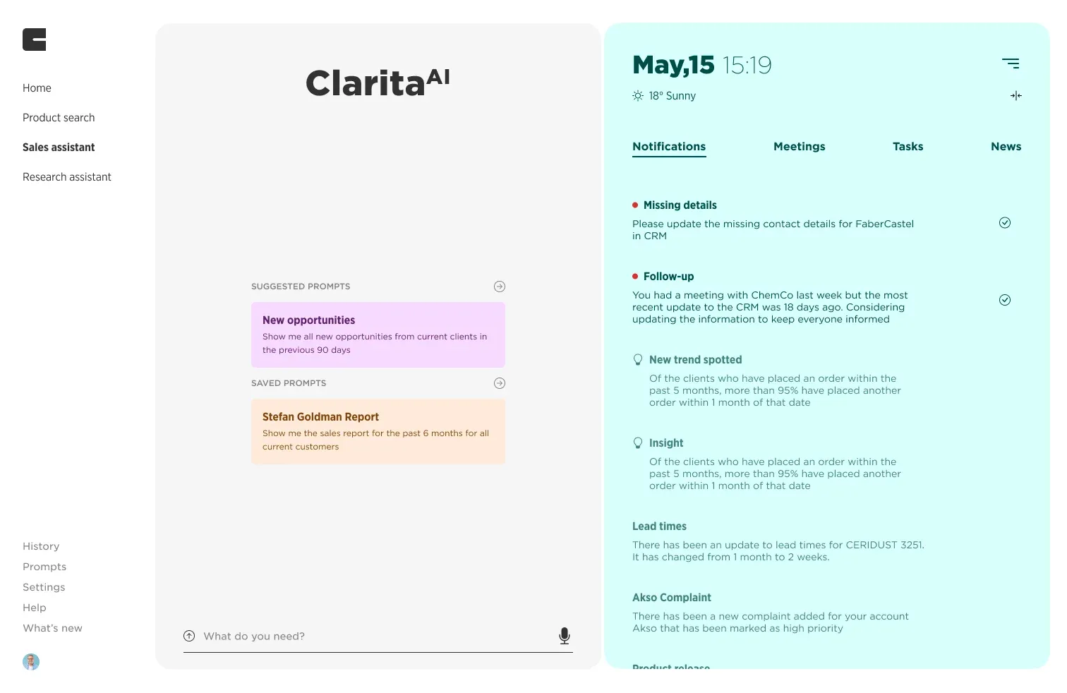 ClaritaAI with the day's panel expanded, listing missing CRM details, follow-ups, trends and insights