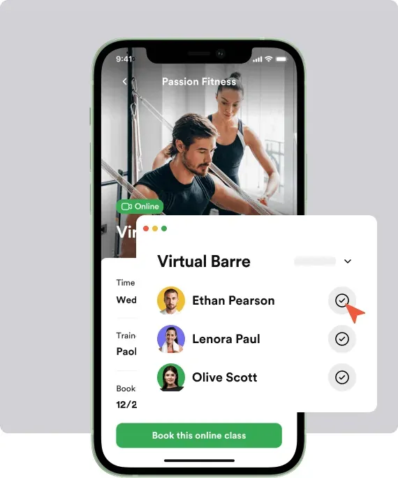 A phone showing an online class and the people booked into it