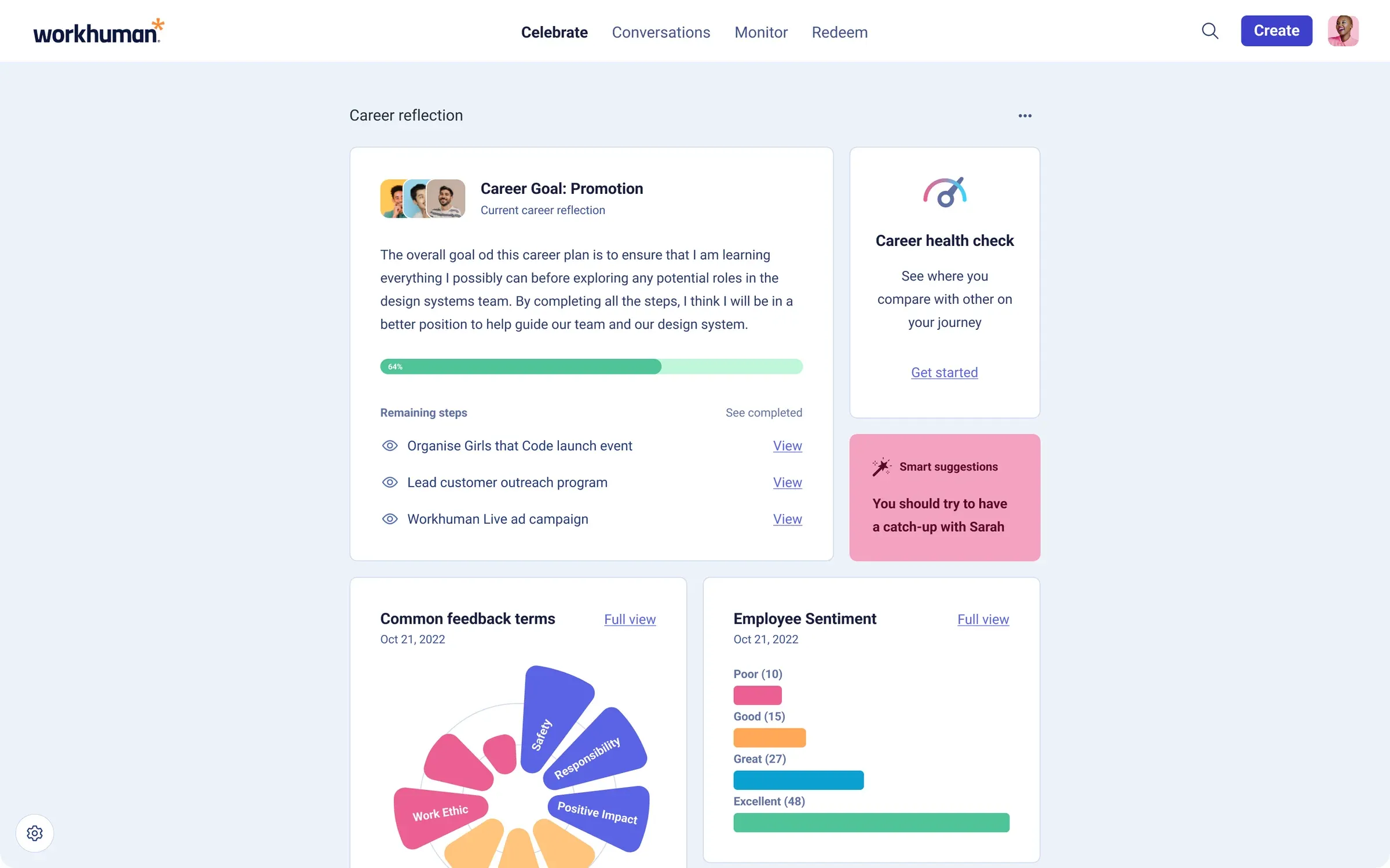 A career reflection screen with a career goal, progress and feedback themes