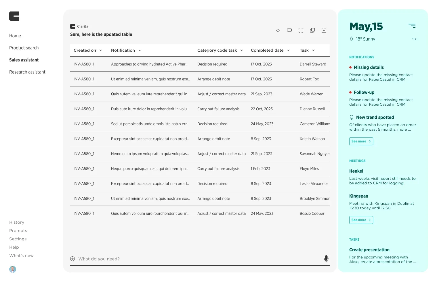 ClaritaAI answering a prompt with a sortable table of tasks