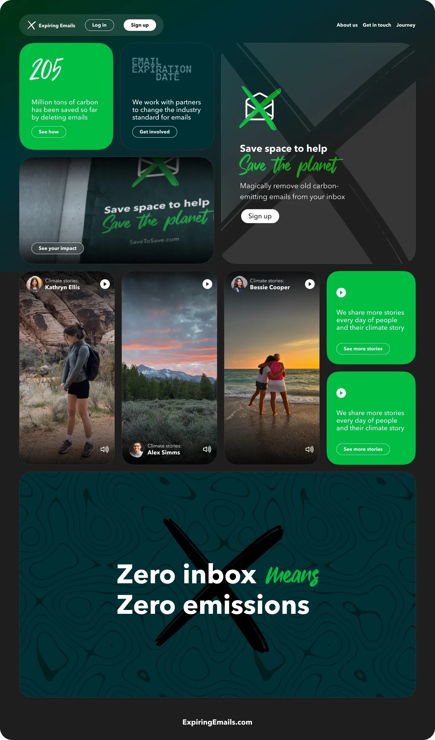 A landing page for Expiring Emails headed "Save space to help save the planet", with carbon figures and climate stories