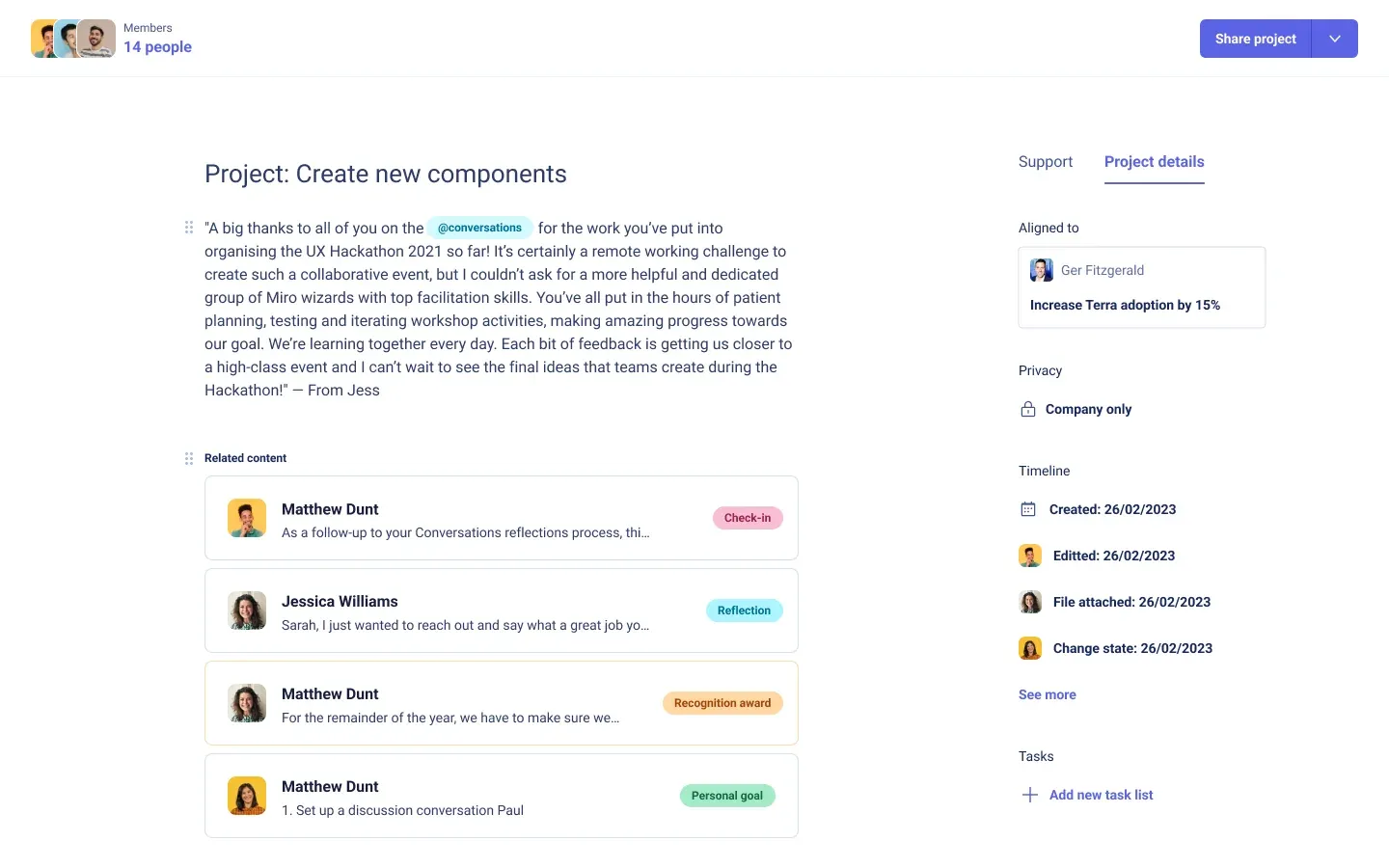 A project page with related check-ins, feedback and recognition