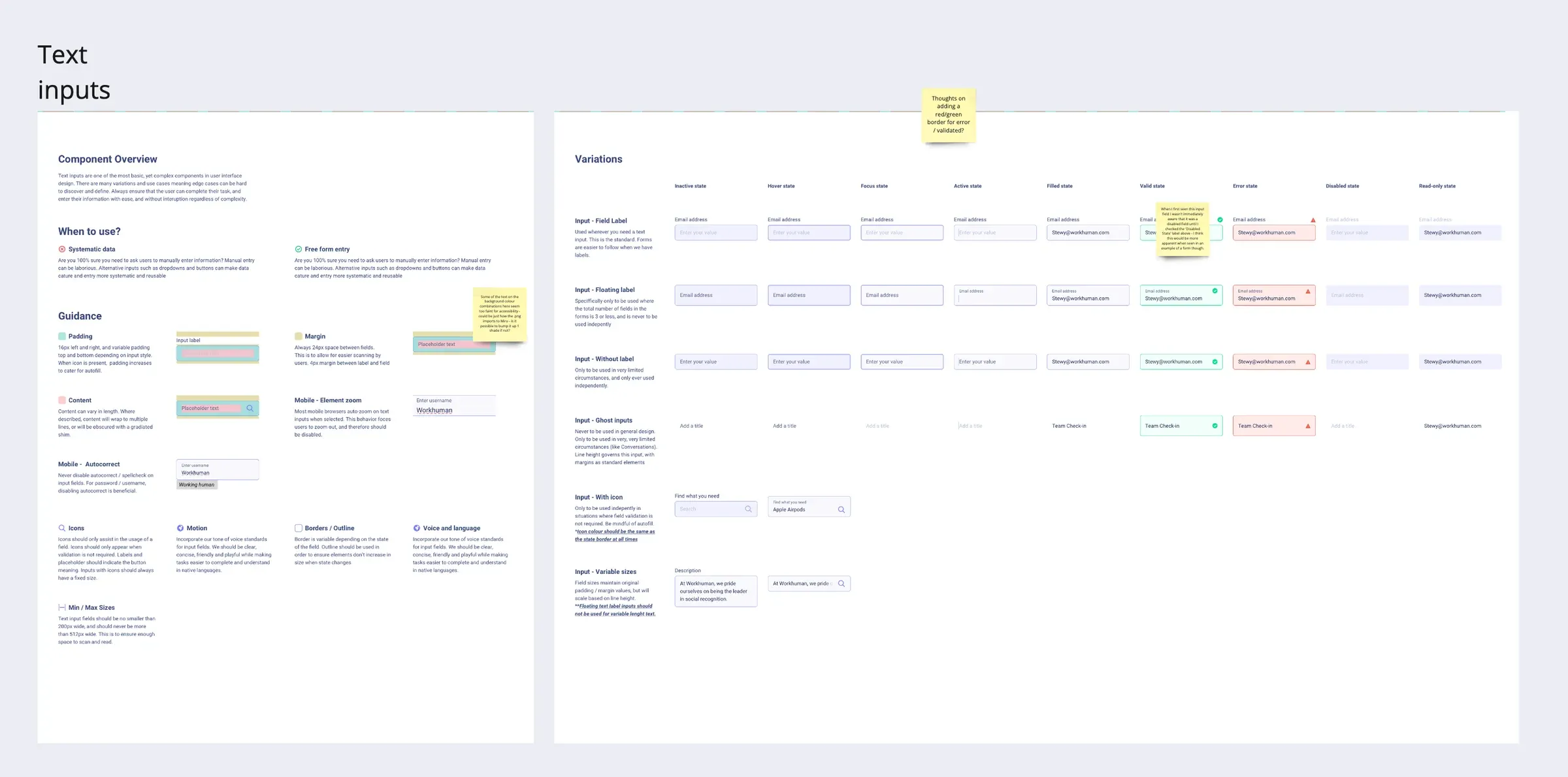 Usage guidelines and variations for text inputs