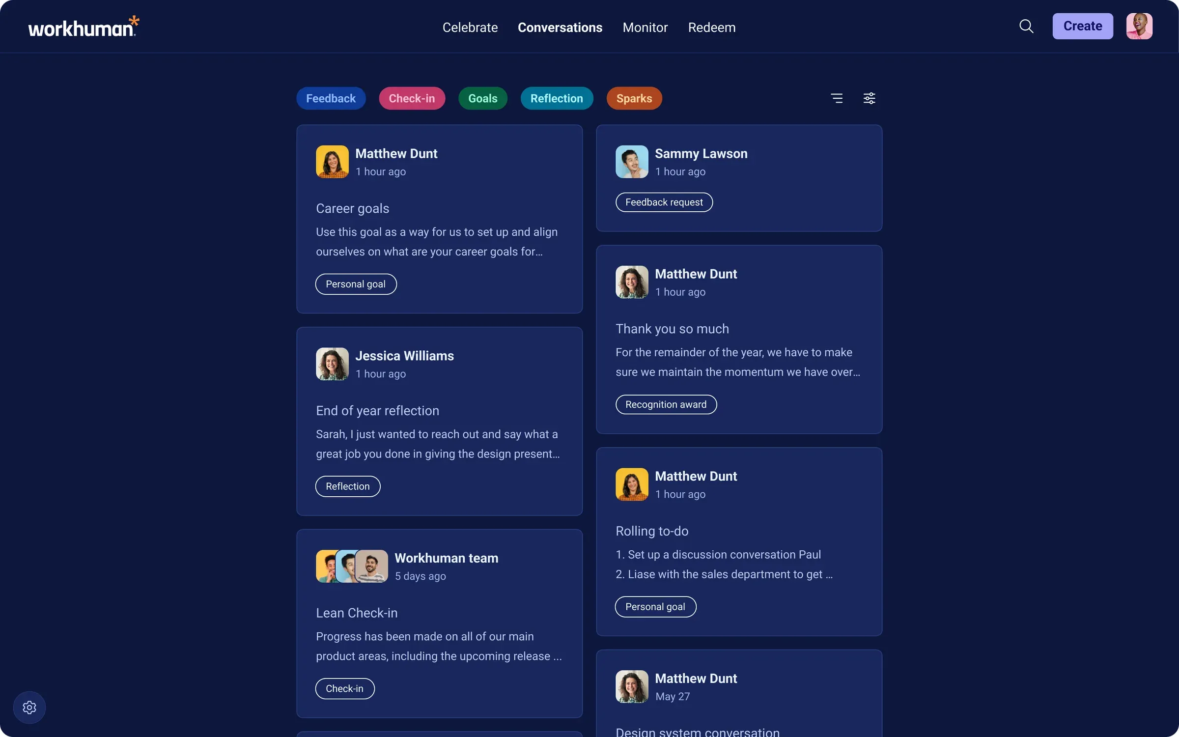 The Conversations dashboard in a dark theme