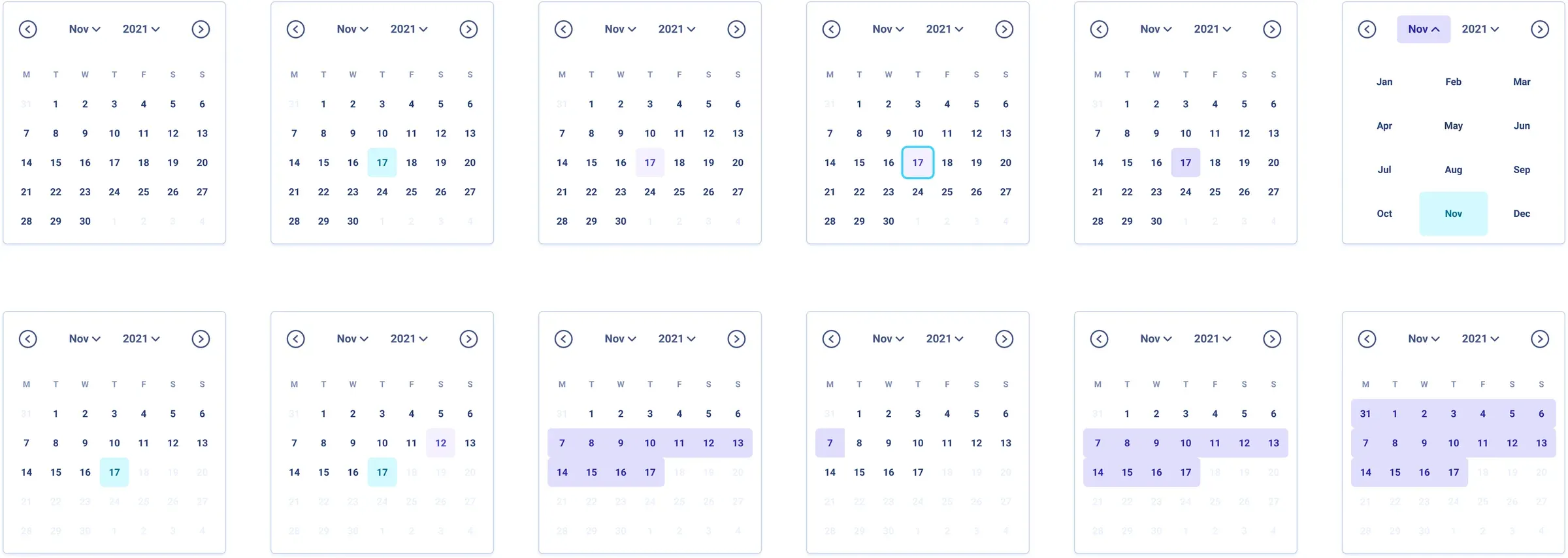 A set of date picker component states
