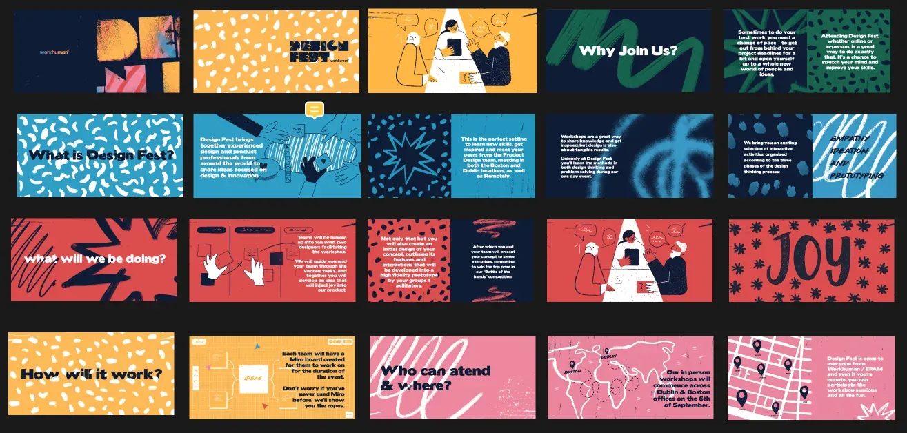 A grid of colourful slides from the Design Fest presentation