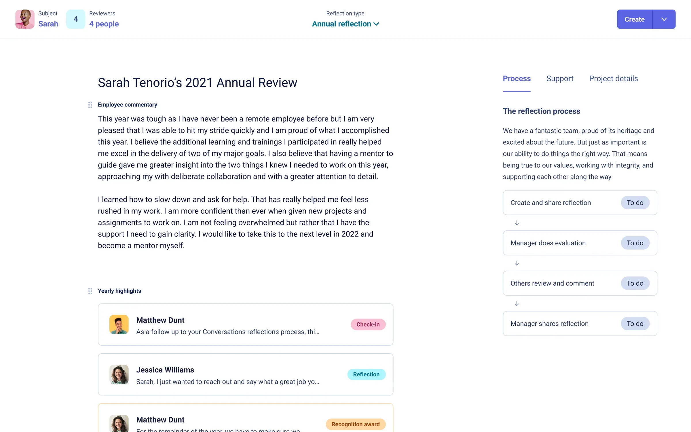 An employee's annual review, with their commentary and highlights drawn from the year