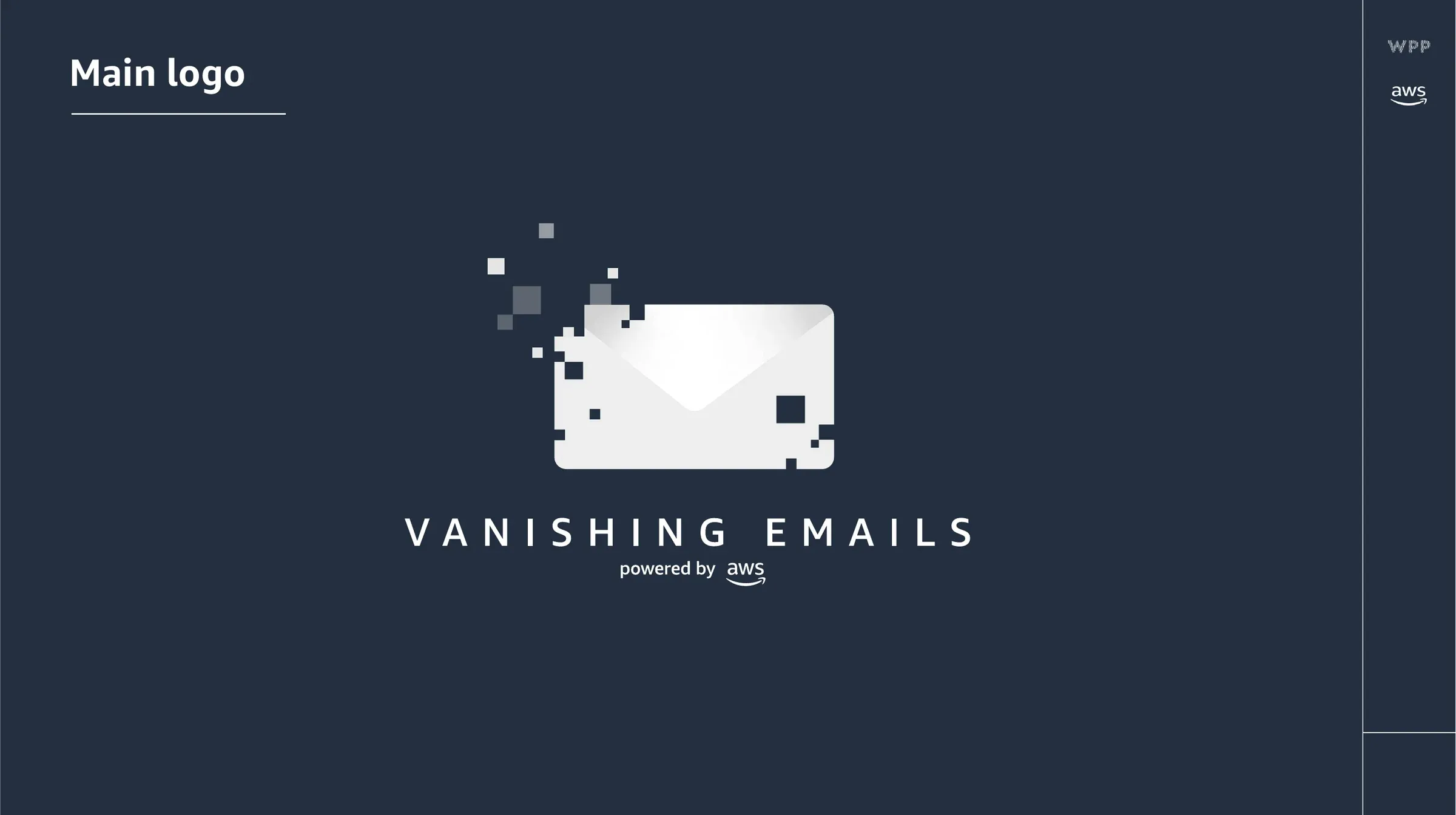 The Vanishing Emails logo, an envelope dissolving into pixels, powered by AWS
