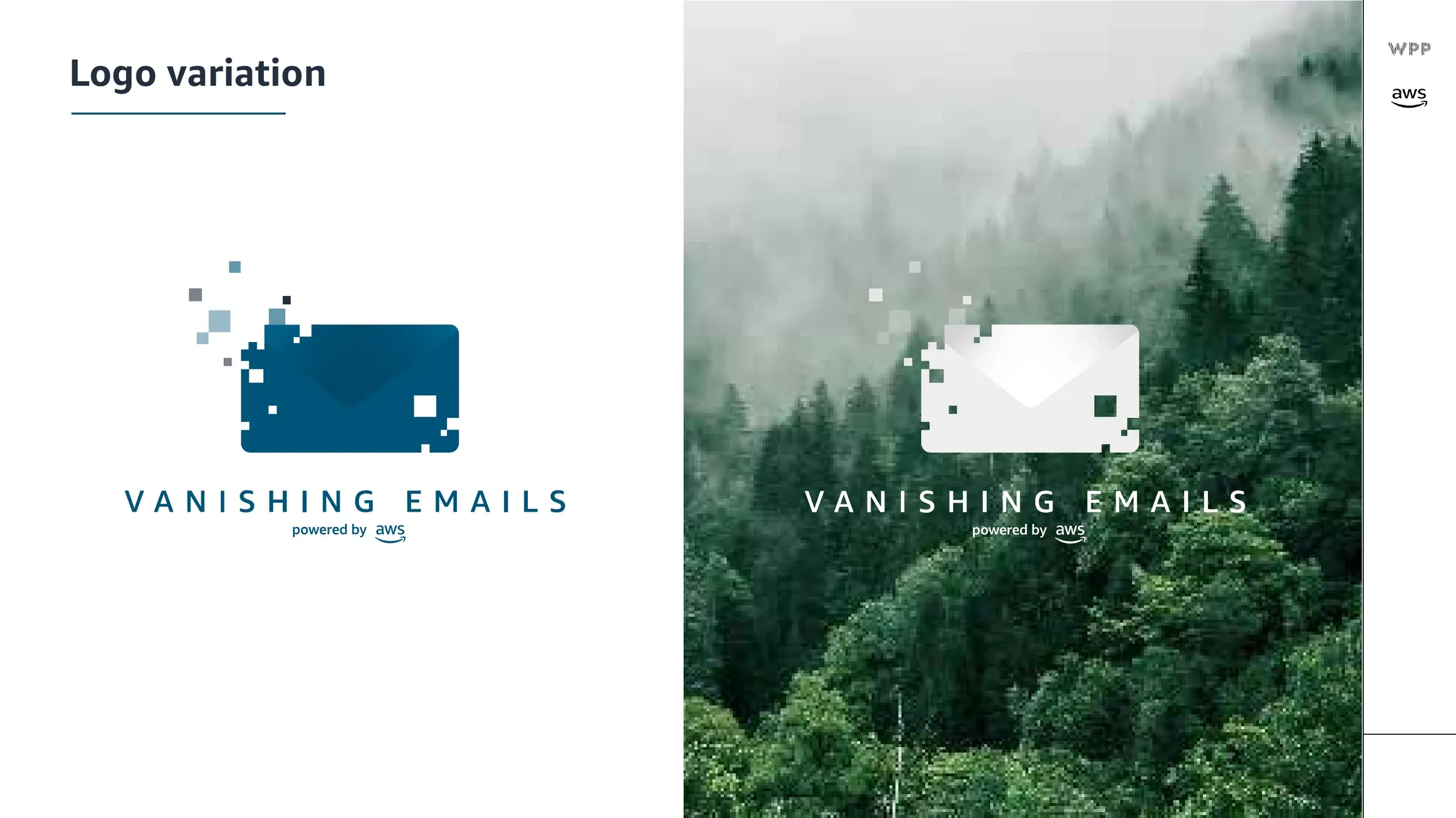 The Vanishing Emails logo in blue on white and in white over a misty forest