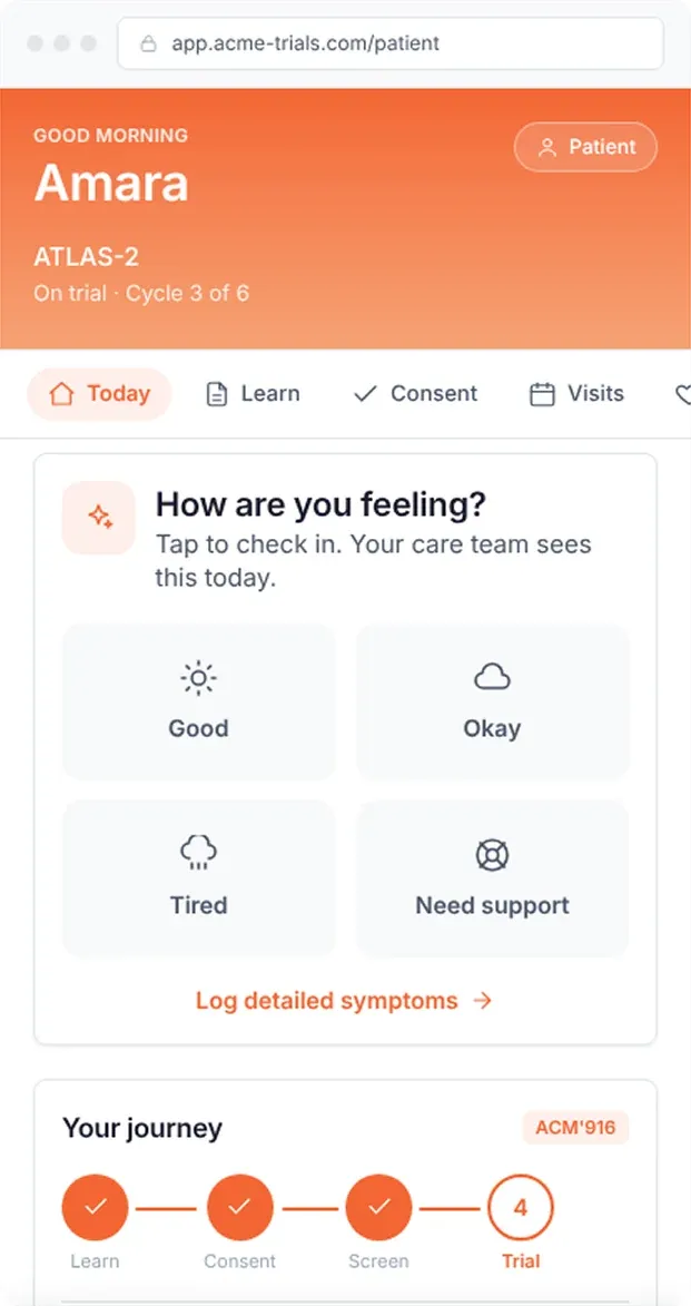 A patient's home screen on a phone, with a daily check-in and their progress through the trial