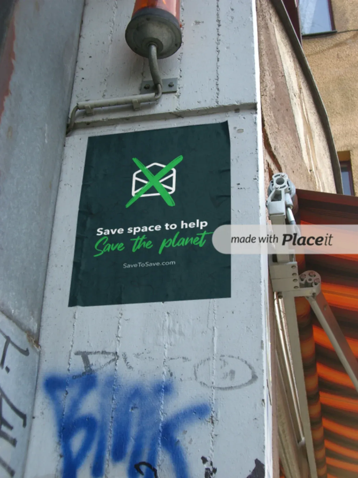 A fly-posted poster on a building corner: Save space to help save the planet