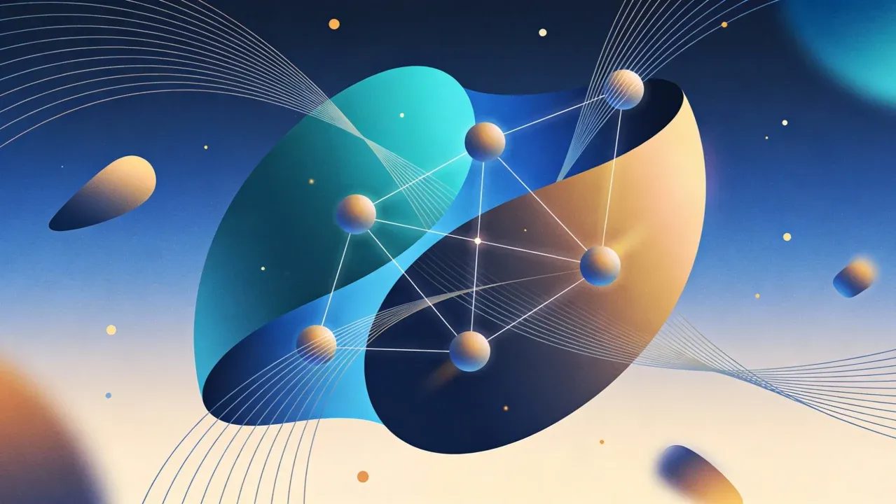 An abstract illustration of glowing spheres joined by fine lines into a network, set across two overlapping curved shapes in teal, navy and amber