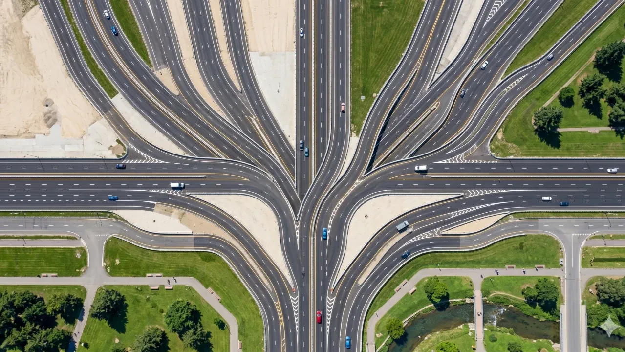 An aerial view of a large motorway interchange, with many lanes splitting and merging around a central junction